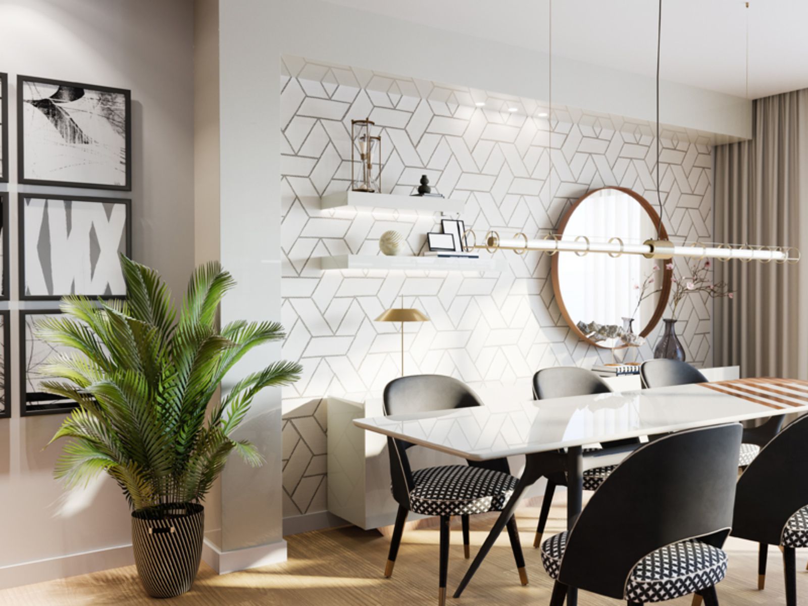 Moderne spisestue med designermøbler og plante, Torreblanca Heights.