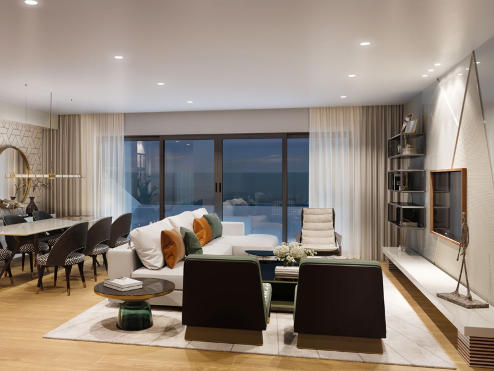 Moderne åben planløsning stue og spisestue i Torreblanca Heights lejlighed.